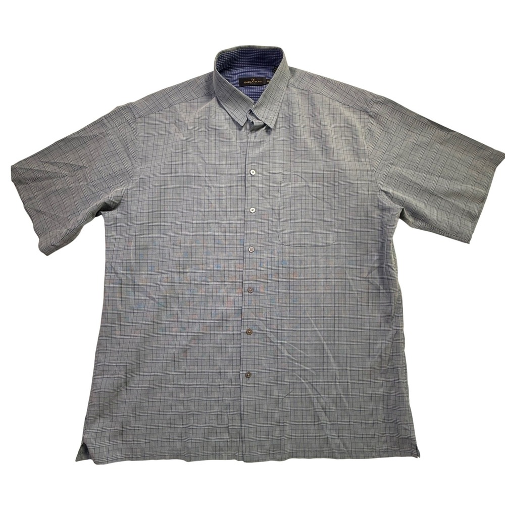 Bugatchi Uomo Mens XXL Blue Plaid Short Sleeve Button Up Shirt Modal Blend-2581